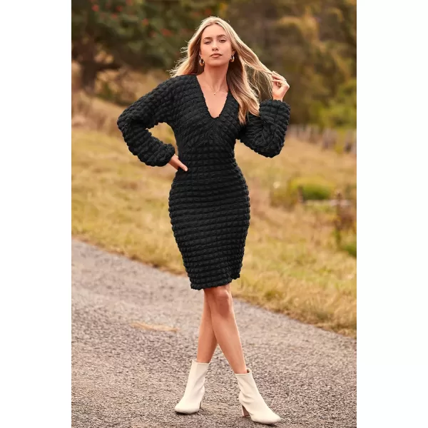 imagePRETTYGARDEN Womens Fall Mini Bodycon Dress Long Puff Sleeve V Neck Fitted Party Club DressesBlack