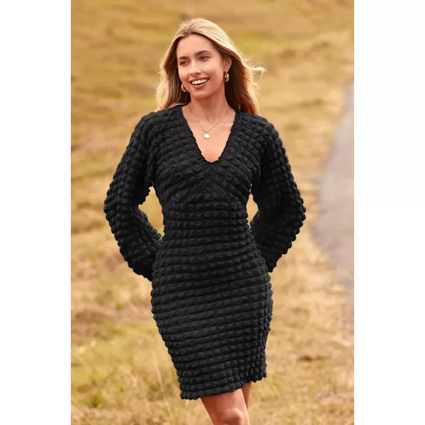 imagePRETTYGARDEN Womens Fall Mini Bodycon Dress Long Puff Sleeve V Neck Fitted Party Club DressesBlack