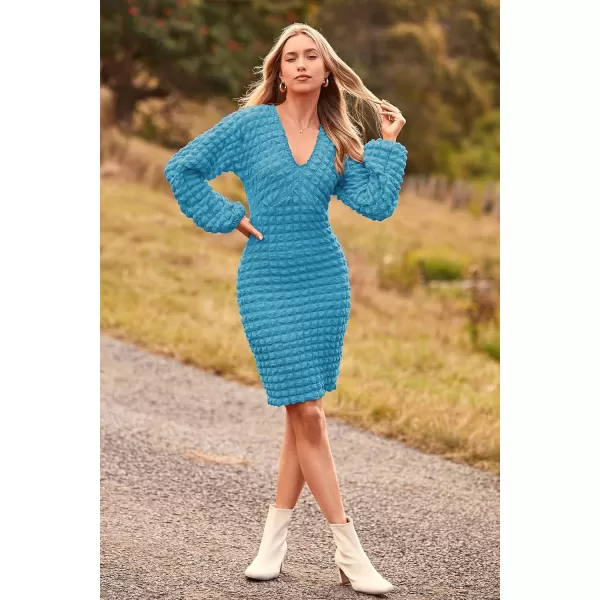 imagePRETTYGARDEN Womens Fall Mini Bodycon Dress Long Puff Sleeve V Neck Fitted Party Club DressesBlue