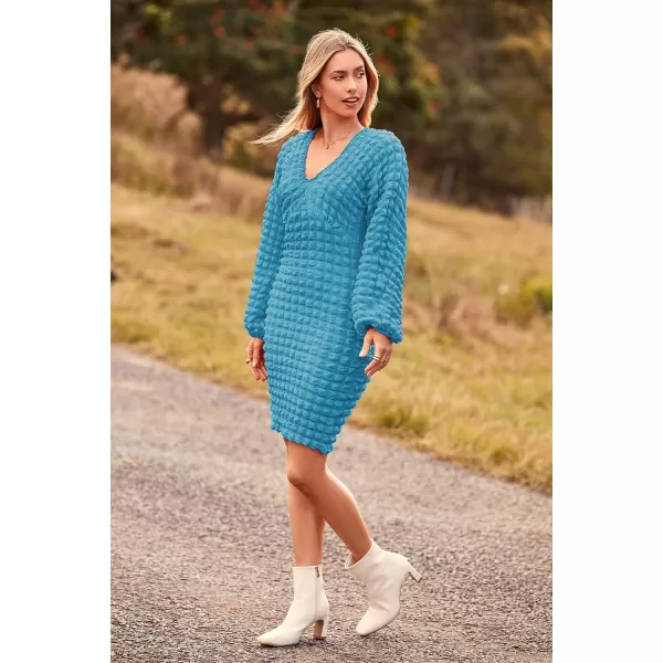 imagePRETTYGARDEN Womens Fall Mini Bodycon Dress Long Puff Sleeve V Neck Fitted Party Club DressesBlue