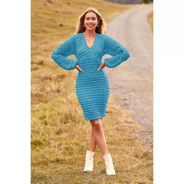 imagePRETTYGARDEN Womens Fall Mini Bodycon Dress Long Puff Sleeve V Neck Fitted Party Club DressesBlue