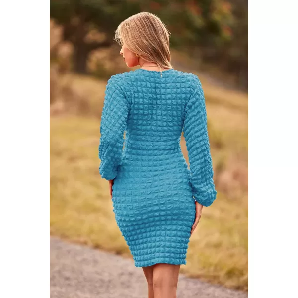imagePRETTYGARDEN Womens Fall Mini Bodycon Dress Long Puff Sleeve V Neck Fitted Party Club DressesBlue