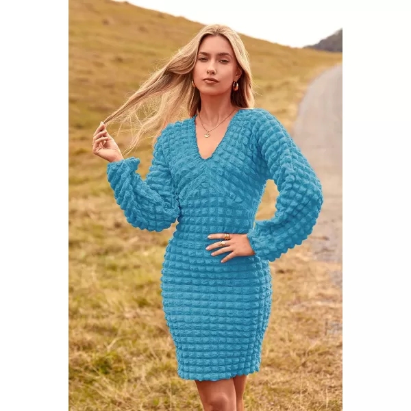 imagePRETTYGARDEN Womens Fall Mini Bodycon Dress Long Puff Sleeve V Neck Fitted Party Club DressesBlue