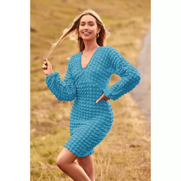 imagePRETTYGARDEN Womens Fall Mini Bodycon Dress Long Puff Sleeve V Neck Fitted Party Club DressesBlue