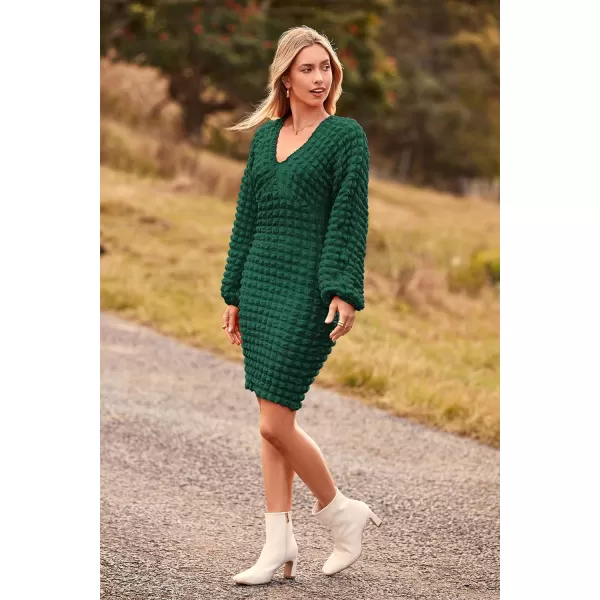 imagePRETTYGARDEN Womens Fall Mini Bodycon Dress Long Puff Sleeve V Neck Fitted Party Club DressesDark Green