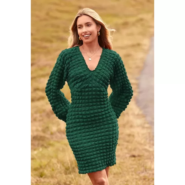 imagePRETTYGARDEN Womens Fall Mini Bodycon Dress Long Puff Sleeve V Neck Fitted Party Club DressesDark Green