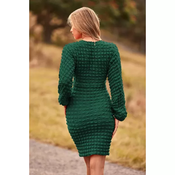 imagePRETTYGARDEN Womens Fall Mini Bodycon Dress Long Puff Sleeve V Neck Fitted Party Club DressesDark Green