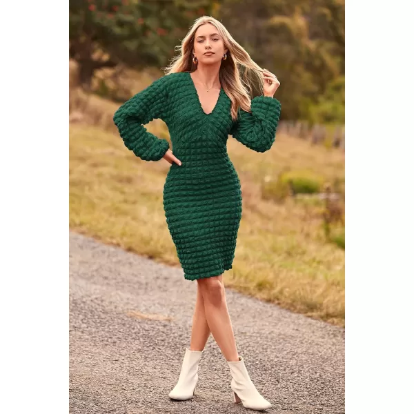 imagePRETTYGARDEN Womens Fall Mini Bodycon Dress Long Puff Sleeve V Neck Fitted Party Club DressesDark Green