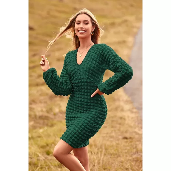 imagePRETTYGARDEN Womens Fall Mini Bodycon Dress Long Puff Sleeve V Neck Fitted Party Club DressesDark Green