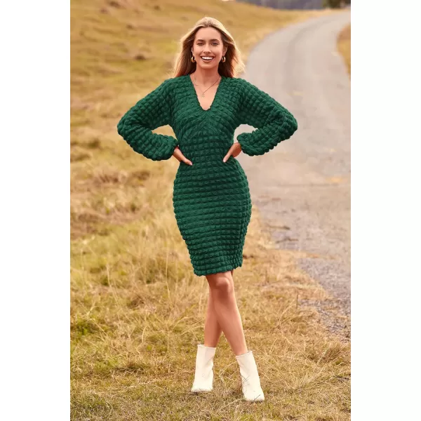 imagePRETTYGARDEN Womens Fall Mini Bodycon Dress Long Puff Sleeve V Neck Fitted Party Club DressesDark Green