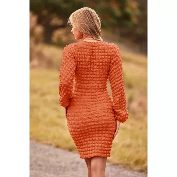 imagePRETTYGARDEN Womens Fall Mini Bodycon Dress Long Puff Sleeve V Neck Fitted Party Club DressesOrange
