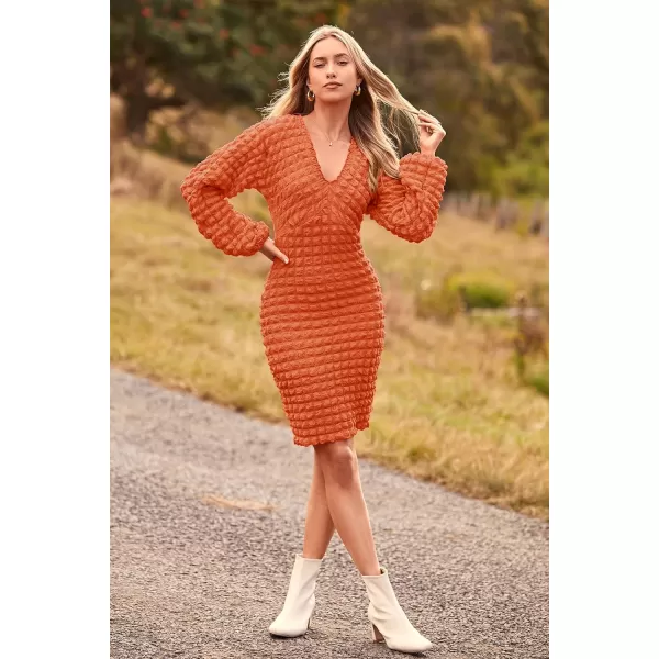 imagePRETTYGARDEN Womens Fall Mini Bodycon Dress Long Puff Sleeve V Neck Fitted Party Club DressesOrange