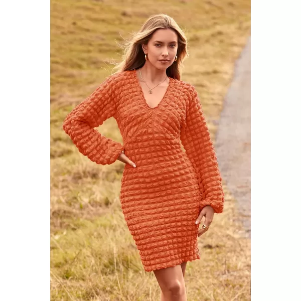 imagePRETTYGARDEN Womens Fall Mini Bodycon Dress Long Puff Sleeve V Neck Fitted Party Club DressesOrange