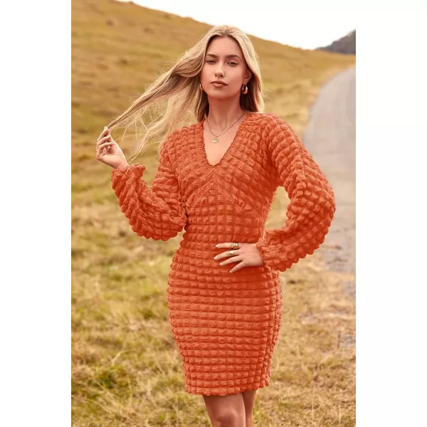 imagePRETTYGARDEN Womens Fall Mini Bodycon Dress Long Puff Sleeve V Neck Fitted Party Club DressesOrange