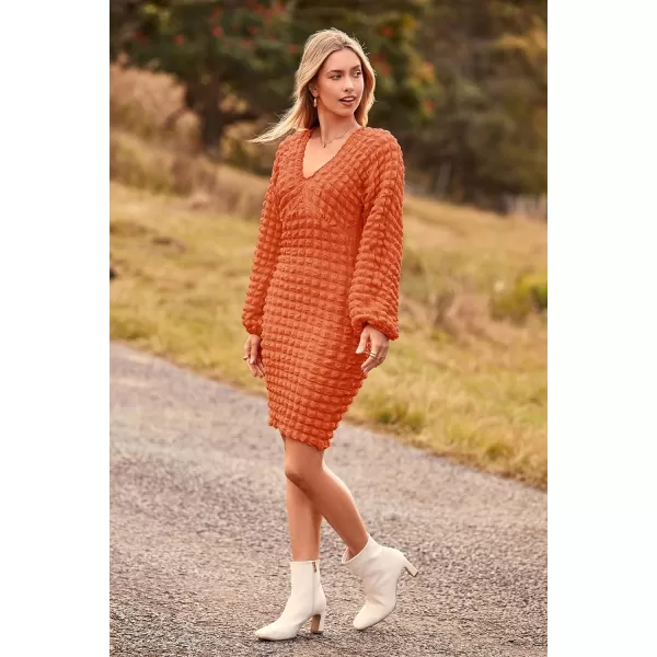 imagePRETTYGARDEN Womens Fall Mini Bodycon Dress Long Puff Sleeve V Neck Fitted Party Club DressesOrange