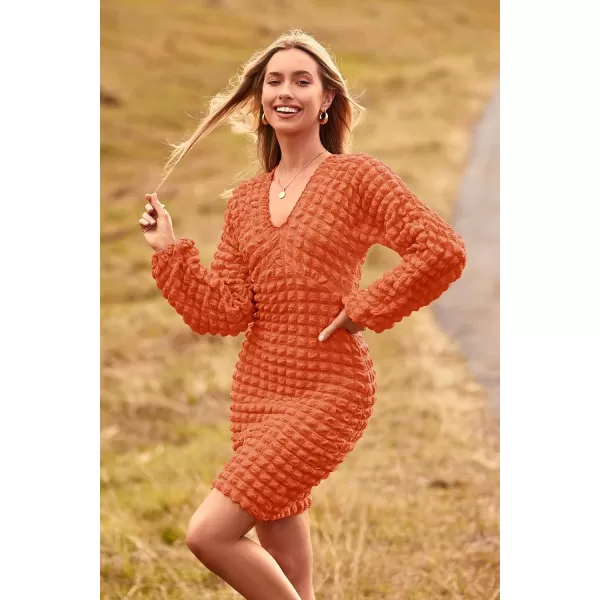 imagePRETTYGARDEN Womens Fall Mini Bodycon Dress Long Puff Sleeve V Neck Fitted Party Club DressesOrange