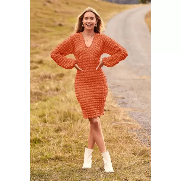 imagePRETTYGARDEN Womens Fall Mini Bodycon Dress Long Puff Sleeve V Neck Fitted Party Club DressesOrange
