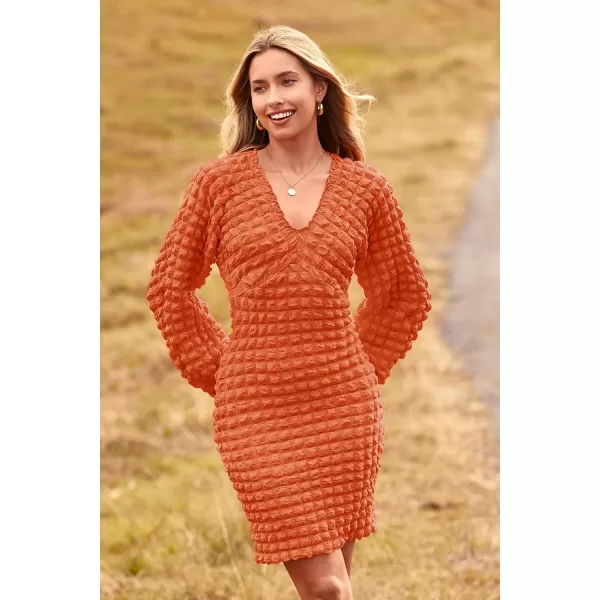 imagePRETTYGARDEN Womens Fall Mini Bodycon Dress Long Puff Sleeve V Neck Fitted Party Club DressesOrange