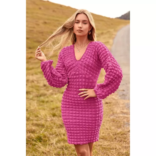 imagePRETTYGARDEN Womens Fall Mini Bodycon Dress Long Puff Sleeve V Neck Fitted Party Club DressesRose Red
