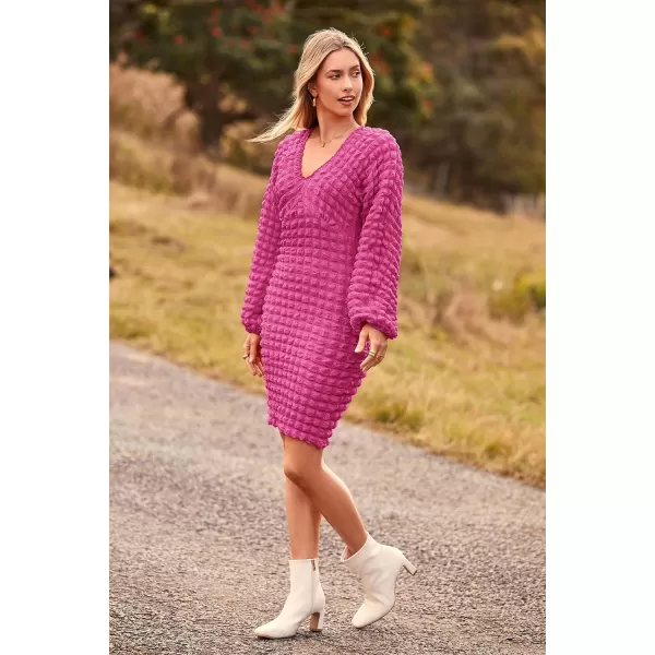 imagePRETTYGARDEN Womens Fall Mini Bodycon Dress Long Puff Sleeve V Neck Fitted Party Club DressesRose Red