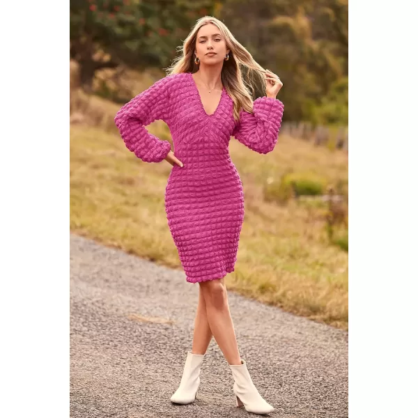 imagePRETTYGARDEN Womens Fall Mini Bodycon Dress Long Puff Sleeve V Neck Fitted Party Club DressesRose Red
