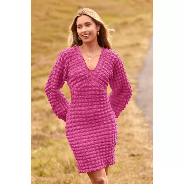 imagePRETTYGARDEN Womens Fall Mini Bodycon Dress Long Puff Sleeve V Neck Fitted Party Club DressesRose Red