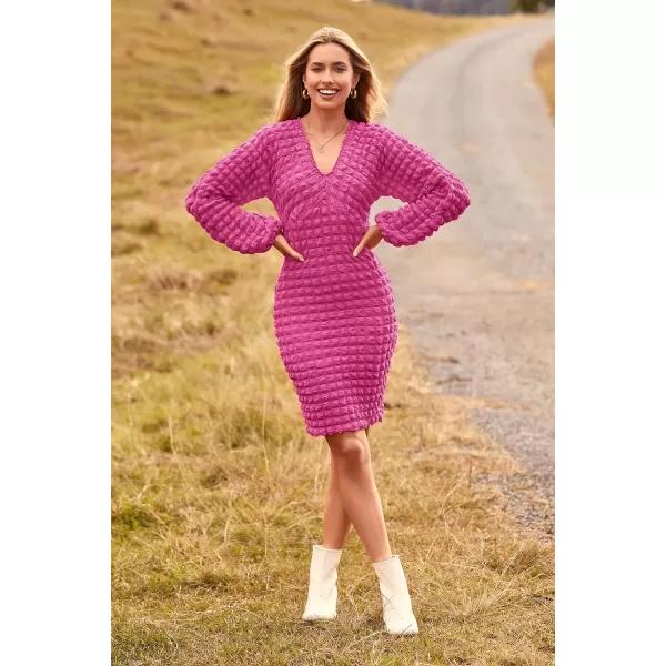 imagePRETTYGARDEN Womens Fall Mini Bodycon Dress Long Puff Sleeve V Neck Fitted Party Club DressesRose Red