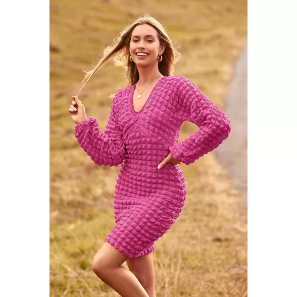 imagePRETTYGARDEN Womens Fall Mini Bodycon Dress Long Puff Sleeve V Neck Fitted Party Club DressesRose Red