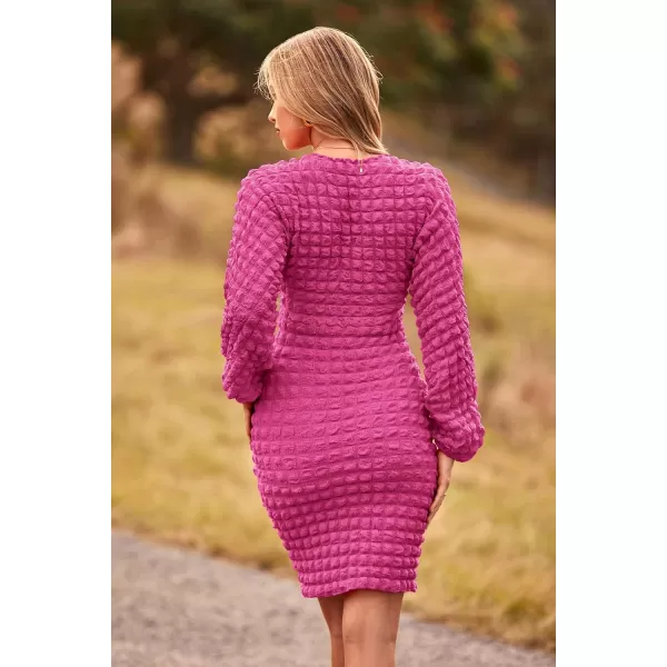 imagePRETTYGARDEN Womens Fall Mini Bodycon Dress Long Puff Sleeve V Neck Fitted Party Club DressesRose Red