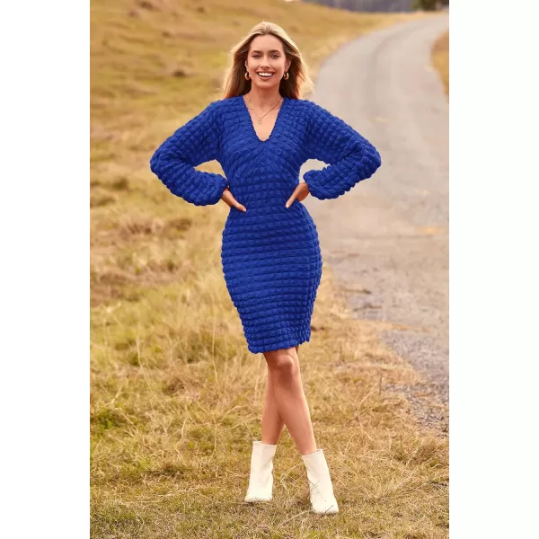 imagePRETTYGARDEN Womens Fall Mini Bodycon Dress Long Puff Sleeve V Neck Fitted Party Club DressesRoyal Blue