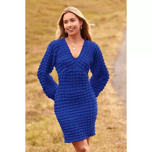 imagePRETTYGARDEN Womens Fall Mini Bodycon Dress Long Puff Sleeve V Neck Fitted Party Club DressesRoyal Blue