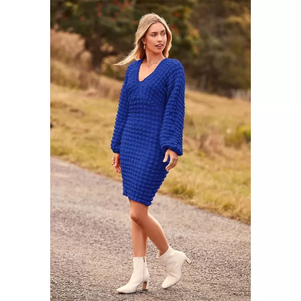imagePRETTYGARDEN Womens Fall Mini Bodycon Dress Long Puff Sleeve V Neck Fitted Party Club DressesRoyal Blue