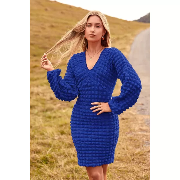 imagePRETTYGARDEN Womens Fall Mini Bodycon Dress Long Puff Sleeve V Neck Fitted Party Club DressesRoyal Blue