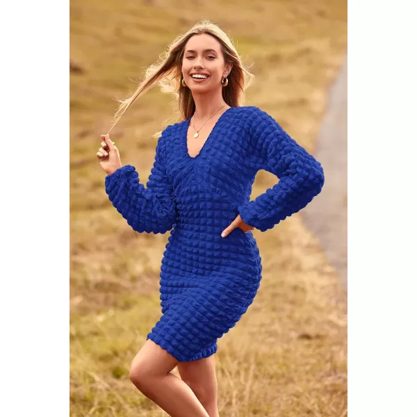 imagePRETTYGARDEN Womens Fall Mini Bodycon Dress Long Puff Sleeve V Neck Fitted Party Club DressesRoyal Blue