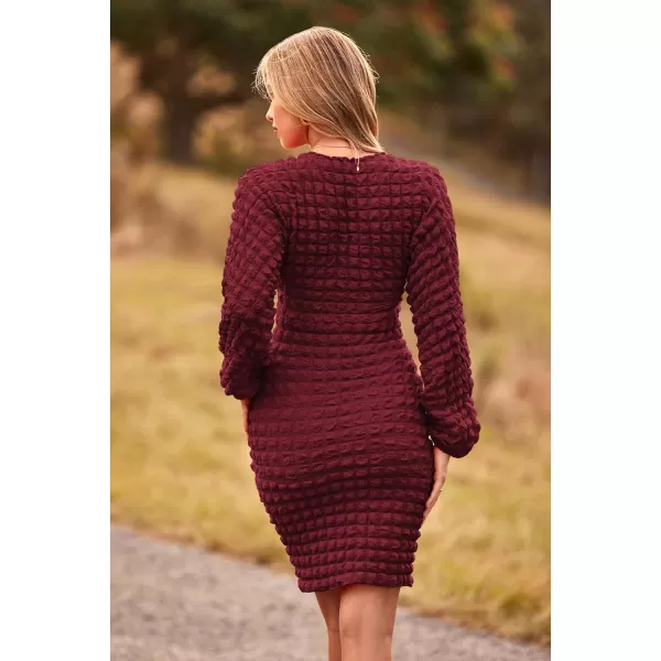 imagePRETTYGARDEN Womens Fall Mini Bodycon Dress Long Puff Sleeve V Neck Fitted Party Club DressesWine Red