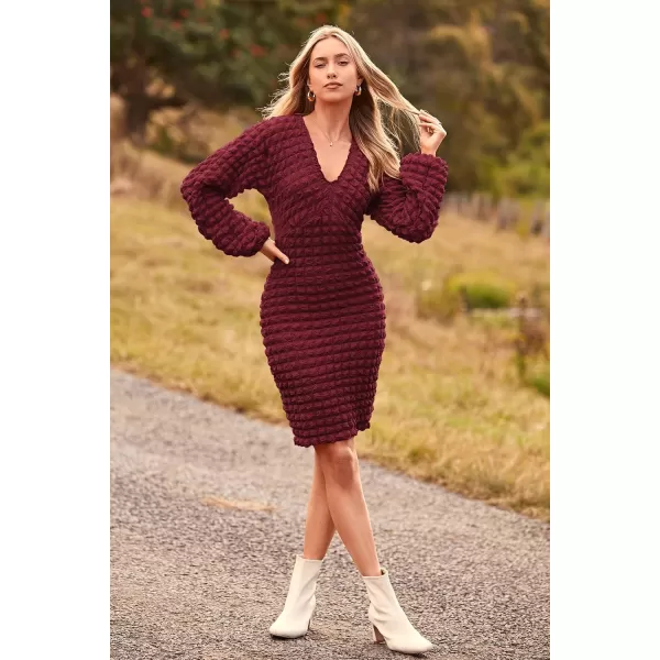 imagePRETTYGARDEN Womens Fall Mini Bodycon Dress Long Puff Sleeve V Neck Fitted Party Club DressesWine Red