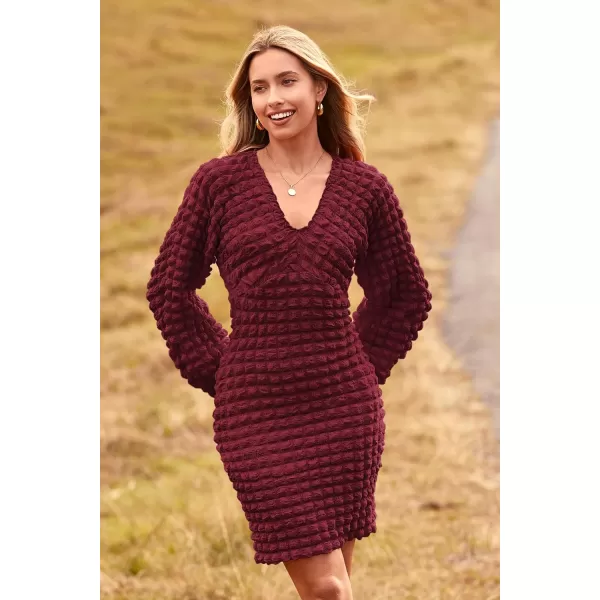 imagePRETTYGARDEN Womens Fall Mini Bodycon Dress Long Puff Sleeve V Neck Fitted Party Club DressesWine Red