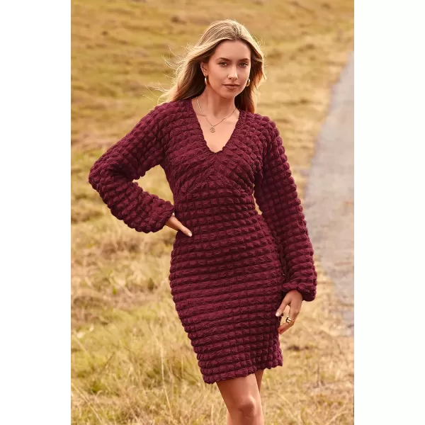 imagePRETTYGARDEN Womens Fall Mini Bodycon Dress Long Puff Sleeve V Neck Fitted Party Club DressesWine Red