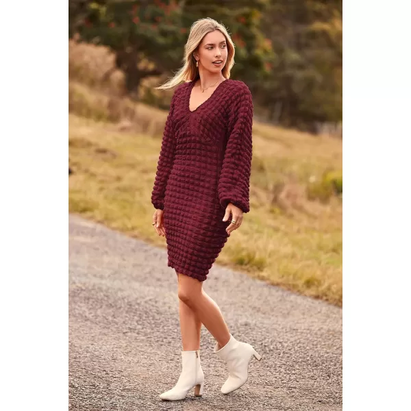 imagePRETTYGARDEN Womens Fall Mini Bodycon Dress Long Puff Sleeve V Neck Fitted Party Club DressesWine Red