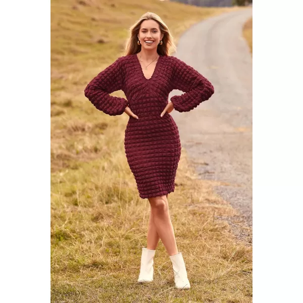 imagePRETTYGARDEN Womens Fall Mini Bodycon Dress Long Puff Sleeve V Neck Fitted Party Club DressesWine Red