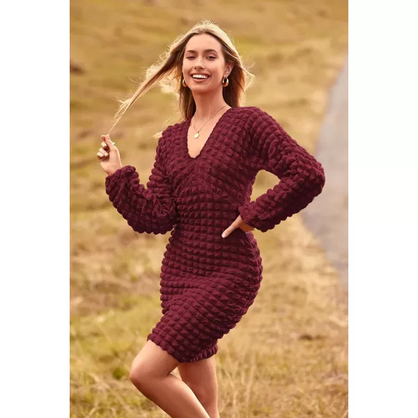 imagePRETTYGARDEN Womens Fall Mini Bodycon Dress Long Puff Sleeve V Neck Fitted Party Club DressesWine Red