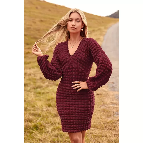 imagePRETTYGARDEN Womens Fall Mini Bodycon Dress Long Puff Sleeve V Neck Fitted Party Club DressesWine Red