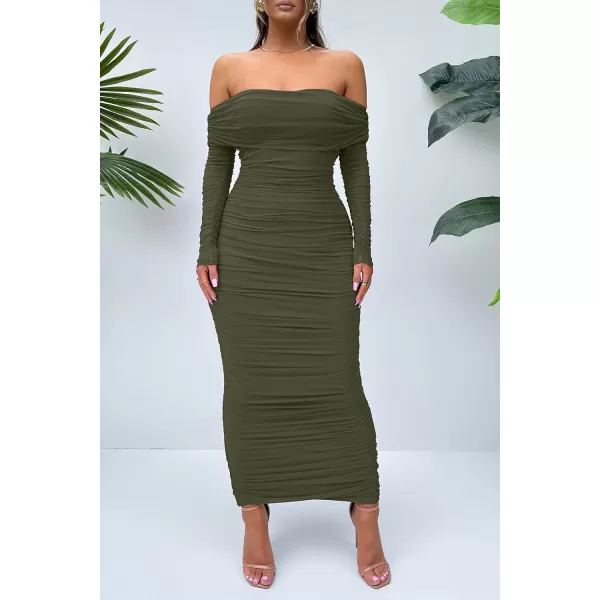 imagePRETTYGARDEN Womens Fall Off Shoulder Maxi Bodycon Dress Long Sleeve Ruched Fitted Club Dresses with SlitArmy Green