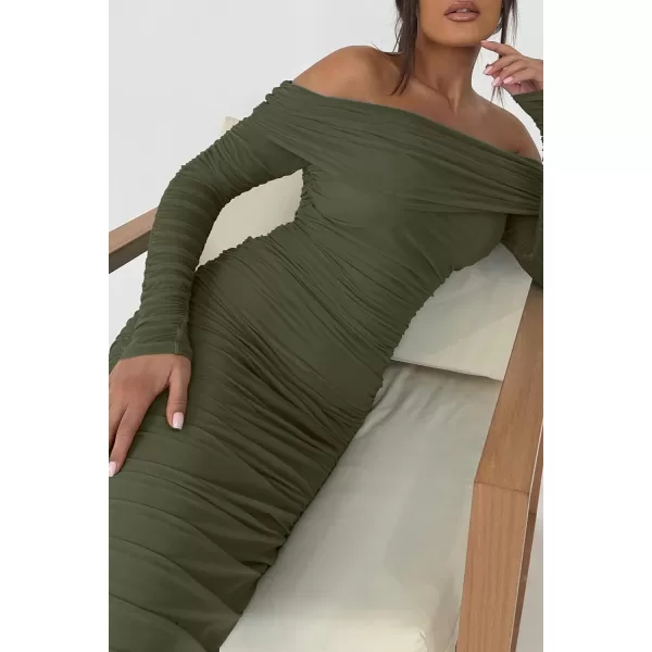 imagePRETTYGARDEN Womens Fall Off Shoulder Maxi Bodycon Dress Long Sleeve Ruched Fitted Club Dresses with SlitArmy Green