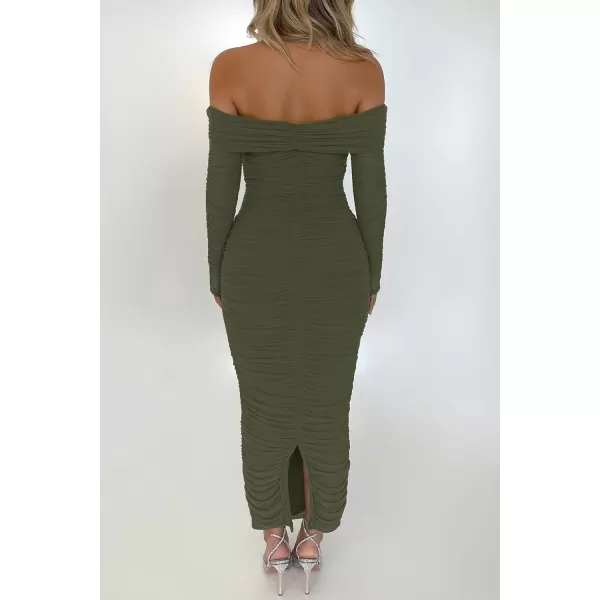 imagePRETTYGARDEN Womens Fall Off Shoulder Maxi Bodycon Dress Long Sleeve Ruched Fitted Club Dresses with SlitArmy Green