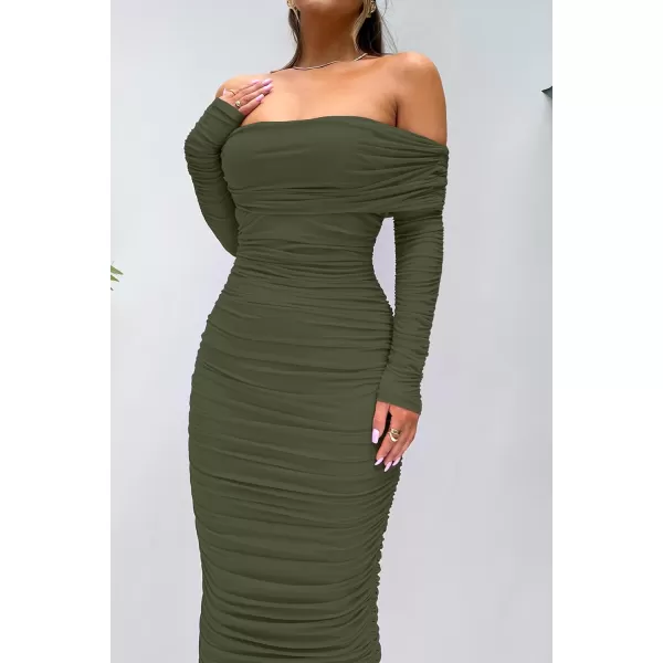 imagePRETTYGARDEN Womens Fall Off Shoulder Maxi Bodycon Dress Long Sleeve Ruched Fitted Club Dresses with SlitArmy Green