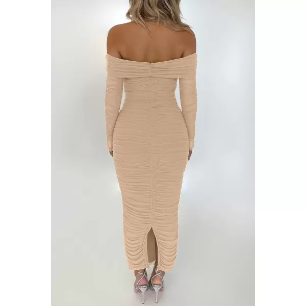 imagePRETTYGARDEN Womens Fall Off Shoulder Maxi Bodycon Dress Long Sleeve Ruched Fitted Club Dresses with SlitBeige