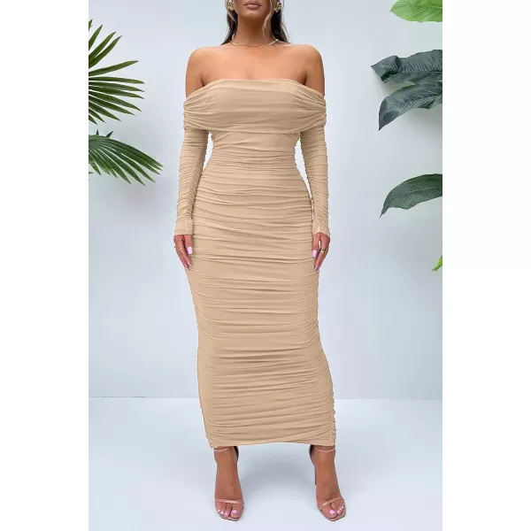 imagePRETTYGARDEN Womens Fall Off Shoulder Maxi Bodycon Dress Long Sleeve Ruched Fitted Club Dresses with SlitBeige