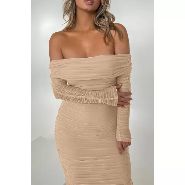 imagePRETTYGARDEN Womens Fall Off Shoulder Maxi Bodycon Dress Long Sleeve Ruched Fitted Club Dresses with SlitBeige