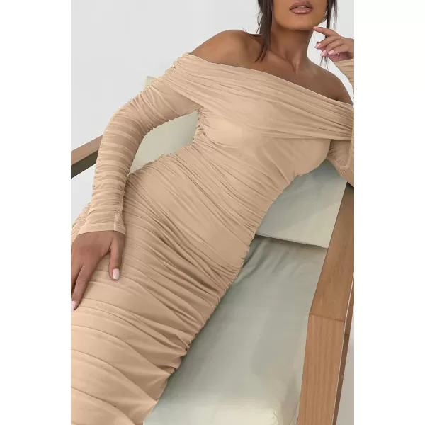 imagePRETTYGARDEN Womens Fall Off Shoulder Maxi Bodycon Dress Long Sleeve Ruched Fitted Club Dresses with SlitBeige
